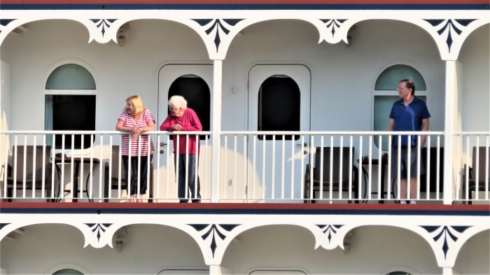 Carol, Mom, and I on our verandas, docked in Stevenson