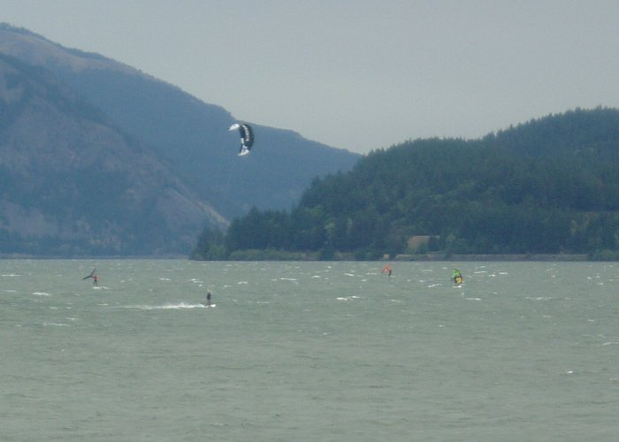 Wind surfing is popular in the Columbia River Gorge