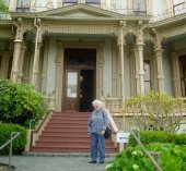 Mom in front of the Flavel House
