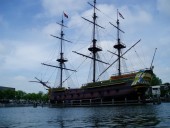 This ship, the Amsterdam, can be seen on a sightseeing cruise around Amsterdam Harbor